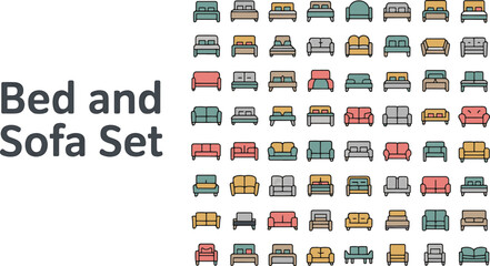 Colorful bed and sofa icons collection for furniture design and interior decor