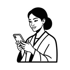 Black and line an asian woman with her hair in bun, wearing traditional robe, looking at and holding smartphone