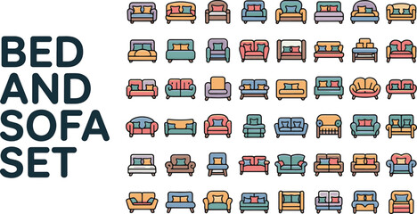 Colorful bed and sofa icon set for interior design and furniture graphics