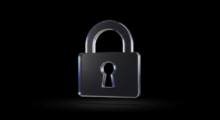 Fototapeta premium Sleek glass padlock with holographic edges on black is a stunning symbol of security, privacy, and modern technology for your digital world