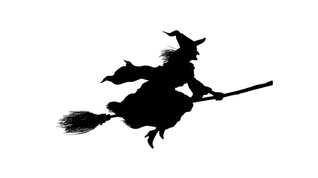Silhouette of a witch flying on a broomstick against a white background