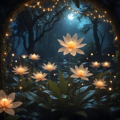 Fototapeta premium Enchanting night scene with luminous lotus flowers under a moonlit sky, adorned with fairy lights
