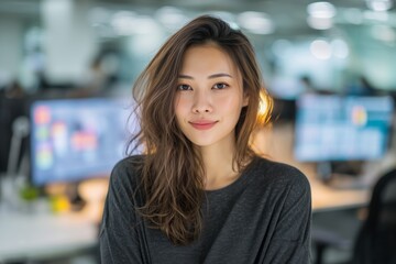 Smiling Asian Frontend Developer in Bright Workspace
