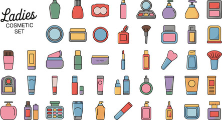 Colorful cosmetic icons set for ladies makeup beauty products flat design style