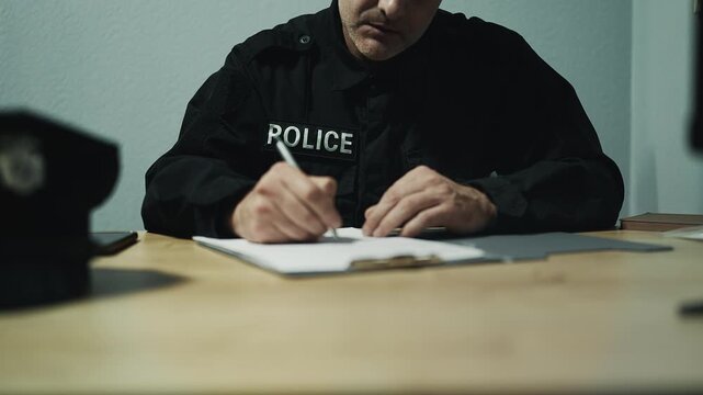 Serious police officer in uniform filling out case report at police station desk