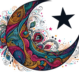 colorful crescent moon and star Intricate spiritual and festive design elements