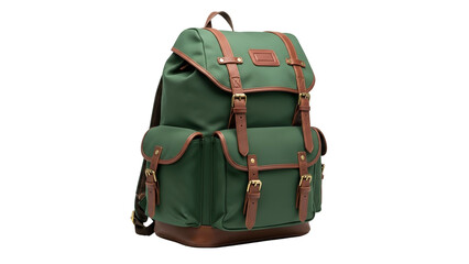 Naklejka premium Green Backpack with Brown Leather Straps and Gold Buckles on Transparent Background