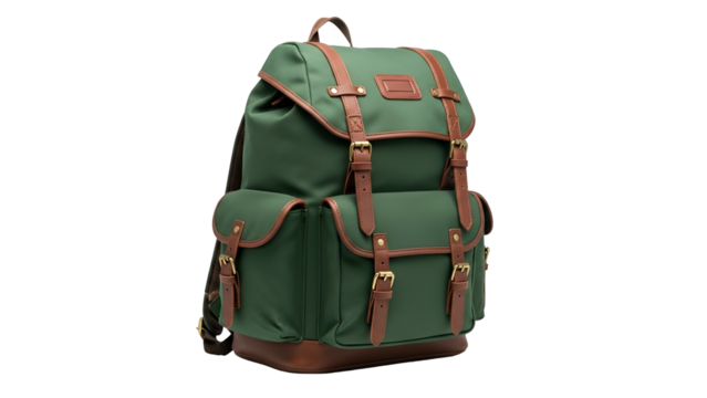 Green Backpack with Brown Leather Straps and Gold Buckles on Transparent Background