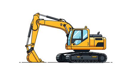 Illustration of a bright yellow excavator with a powerful bucket and sturdy tracks, isolated on transparent background, symbolizing progress and development in construction on transparent background