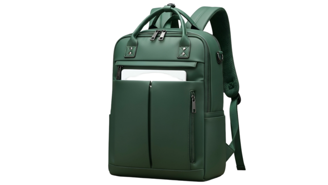 Green Backpack with Multiple Compartments and Zippers on Transparent Background for Travel School or Business Use