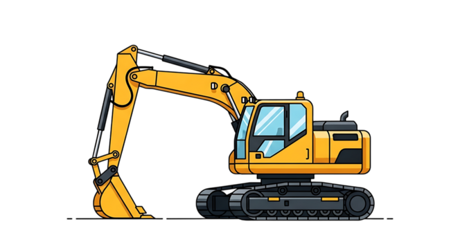 Illustration of a bright yellow excavator with a powerful bucket and sturdy tracks, isolated on transparent background, symbolizing progress and development in construction on transparent background
