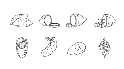 Hand drawn sweet potato varieties and preparations sketch collection isolated on white vector