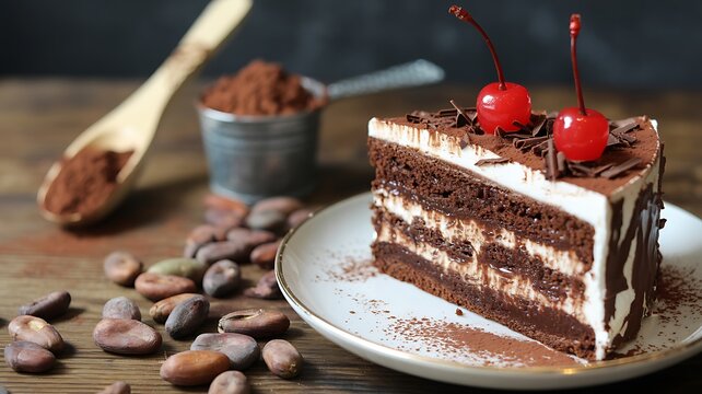 Chocolate Layer Cake Slice with Cream Filling and Cherry Garnish