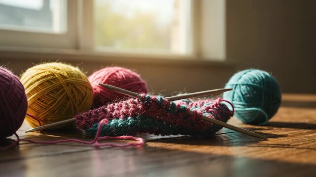 Colorful yarn balls and knitting needles on wooden floor in sunlight