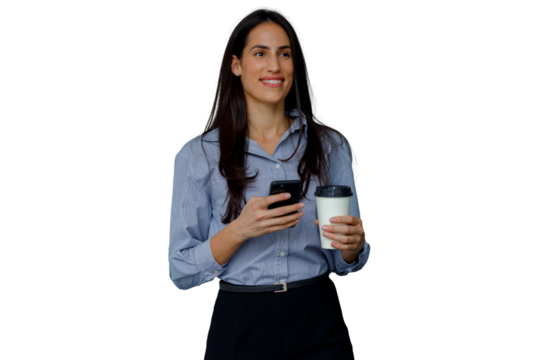Professional businesswoman smiling, holding smartphone and coffee cup, walking, concept of mobile communication and daily routine - Powered by Adobe