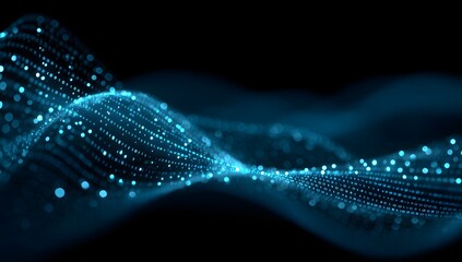 Abstract flowing digital data stream with glowing blue particles and intricate patterns isolated on transparent background