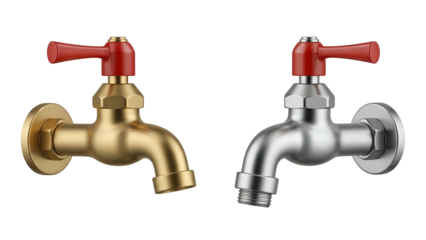 Gold and Silver Faucet Taps with Red Handles on Transparent Background