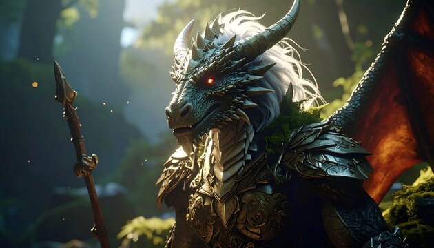 Regal dragon knight stands guard in sunlit woods, adorned in ornate armor and holding a spear