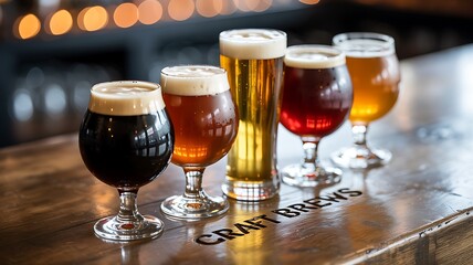 Variety of Craft Beers in Distinct Glasses on Wooden Surface