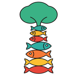 A Tree with surrounding fish vector logo illustration, side view, isolated on a white background, simple black and white sketch, icon, minimalism, no people, close-up, concept, nature, art