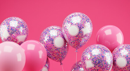 Vibrant pink balloons with sparkling confetti and blank white labels float against a solid pink backdrop, perfect for celebrations and party invitations.