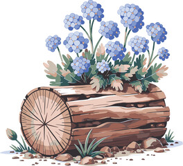 Helda log planter featuring delicate blue hydrangea flowers natural elements