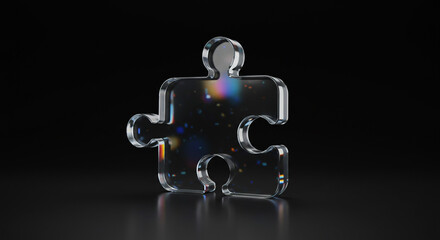 Stunning transparent puzzle piece reflects vibrant abstract colors, symbolizing connection, solutions, and innovative ideas on a dark background.