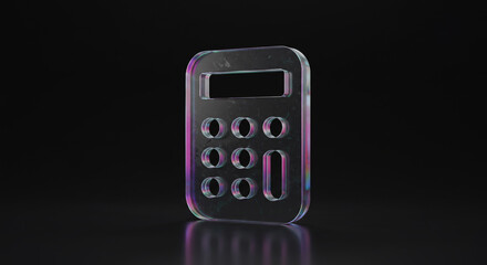 Sleek, modern transparent calculator icon with subtle rainbow iridescence on a dark, reflective background for finance and tech