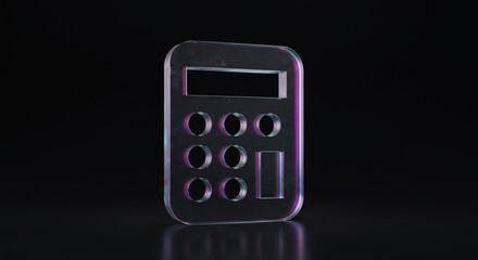 Modern minimalist transparent calculator icon reflecting colorful light, symbolizing finance, accounting, and digital solutions with sleek sophistication.