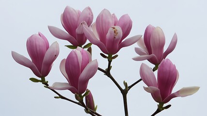 Blooming Pink Magnolia Flowers Against Soft Sky Background