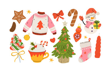 Xmas items set. Christmas tree, Santa with gifts, snowman. Festive wreath, candy canes, gingerbreads. New year decorations. Winter holiday decor. Flat isolated vector illustration on white background