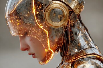 Cyberpunk girl with gold armor and robotic limbs. Generative AI