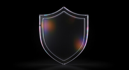 Transparent shield emblem with subtle rainbow light flares on black background symbolizing security, protection, and digital safety