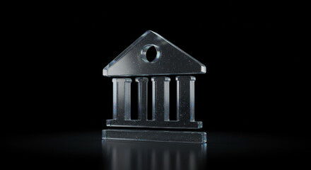 Elegant glass bank building icon symbolizing financial trust, stability, and investment opportunities with a modern, professional aesthetic