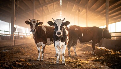 Three cows stand indoors in a bright, sunlit barn, some gazing at the viewer, others turned away