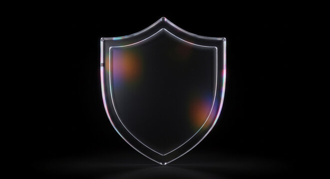 Transparent shield emblem with subtle rainbow light flares on black background symbolizing security, protection, and digital safety