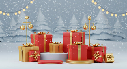 Festive holiday gifts in red and gold sparkle amidst gentle snowfall, evoking warmth and celebration for seasonal promotions and winter themes.