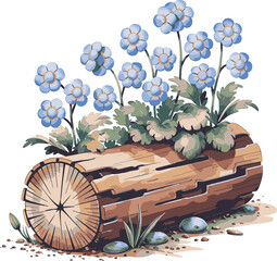 Helda name with cloudberries growing from a log artwork