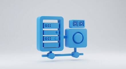 Modern blue server rack and cooling fan icon symbolizing data processing, cloud computing, and network infrastructure for technology concepts.