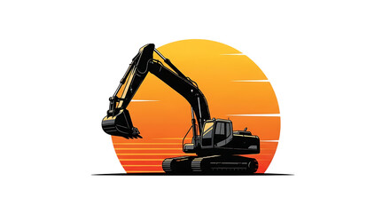 Illustration of silhouette of a powerful excavator against a vibrant sunset, symbolizing construction and industrial work at dusk on transparent background