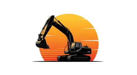 Illustration of silhouette of a powerful excavator against a vibrant sunset, symbolizing construction and industrial work at dusk on transparent background