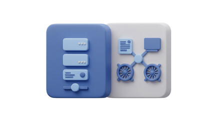 Dynamic 3D icons symbolize modern data management and network connectivity in a sleek, abstract digital art style