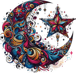 moon and star Intricate crescent with vibrant psychedelic swirls and ornate designs