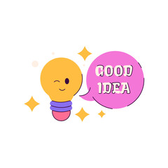 Cartoon light bulb winks with a speech bubble saying Good Idea surrounded by sparkling stars on a transparent background