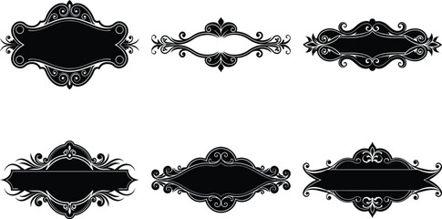 Vector art of collection of six ornate black frames for text
