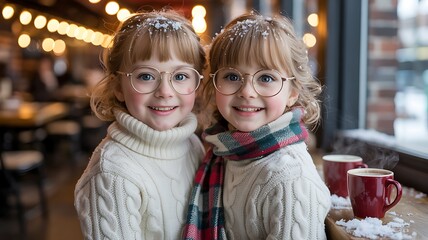 Smiling Children in Winter Attire with Snow and Holiday Ambience