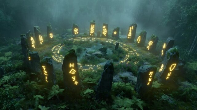 Glowing mystic runes etched on standing stones radiating supernatural light inside misty woodland stone circle, evoking ancient magical ritual ambiance