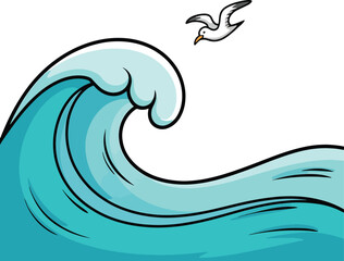 Seagull flies above rolling ocean wave cartoon art