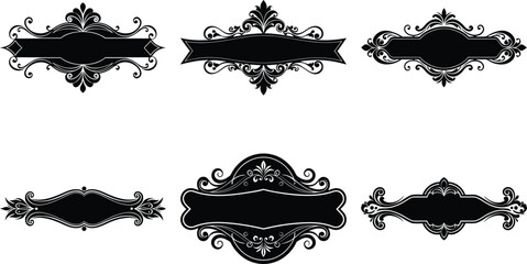 Vector art of collection of six ornate black frames for text