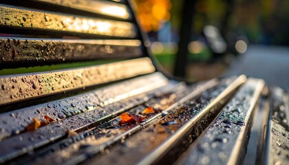 Wet park bench slats after rain. Golden light reflecting on the wood. Leaves scattered across the surface